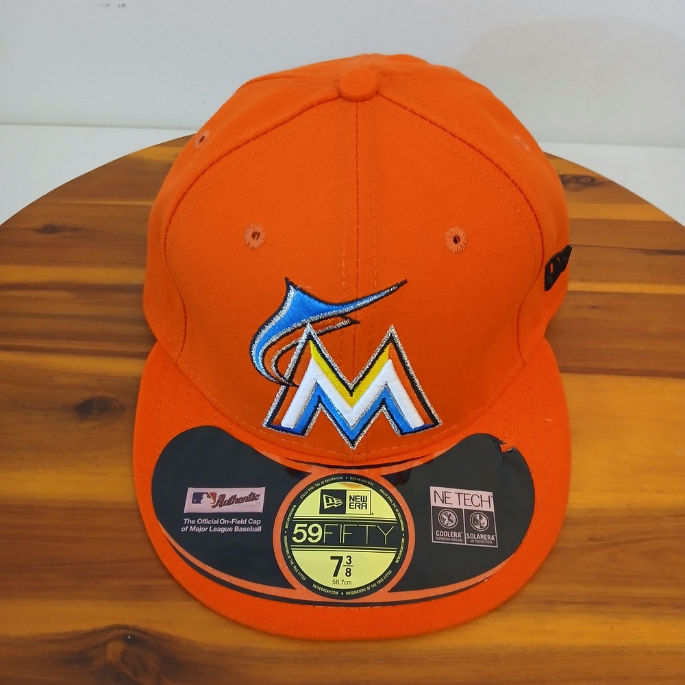 Miami Marlins Hat Cap Fitted 7 3/8 Orange New Era Authentic On-Field Basebakk